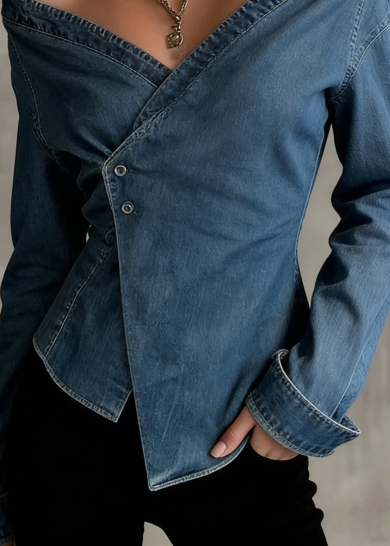 Blue Cold Shoulder Asymmetrical Design Denim Shirts Spring