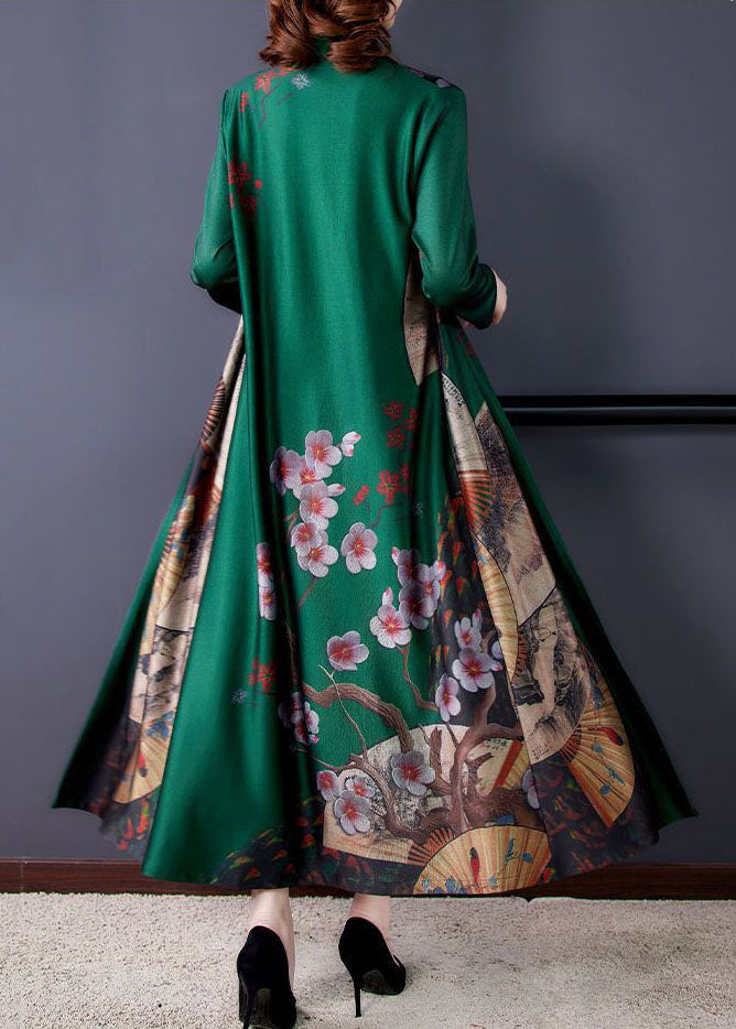 Green Print Chinese Button Silk Fake Two Piece Oriental Dresses Spring