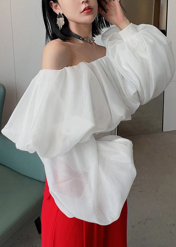 White Ruffled Chiffon Shirts Slash Neck Puff Sleeve