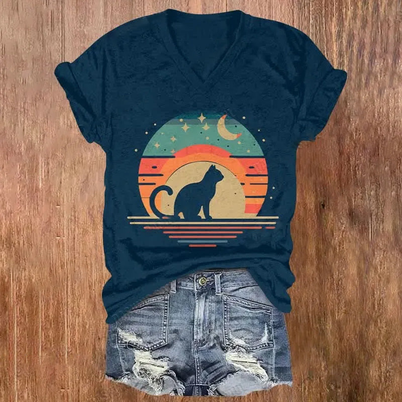 Comstylish Cat & Colorful Sky Filled With Moon & Star Art T-shirt