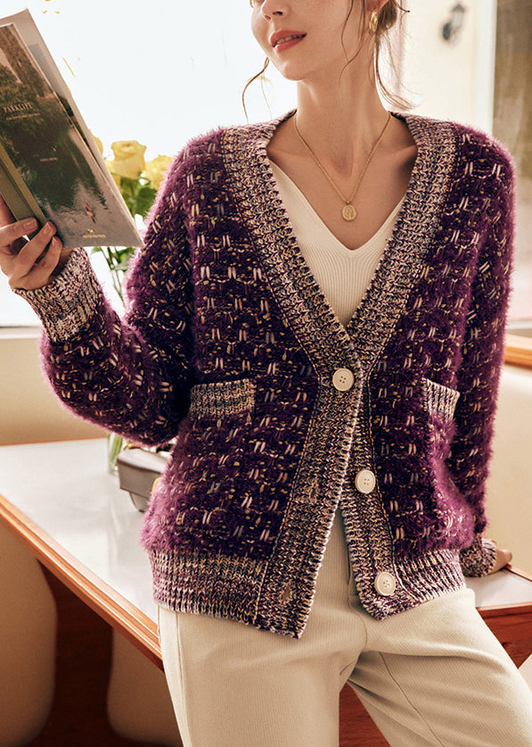 Purple Button Pockets Patchwork Knit Coats Spring