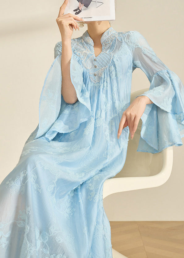Blue Mandarin Collar Embroidered Cotton Party Dress Flare Sleeve