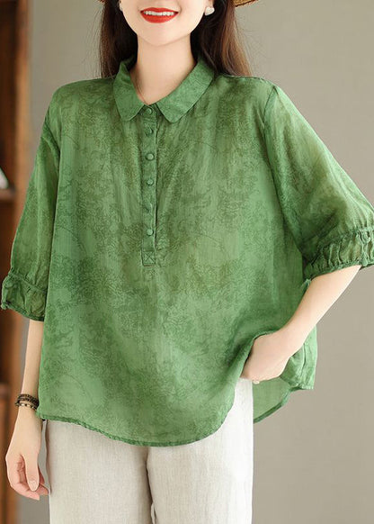 Pink Print Linen Top Button Half Sleeve