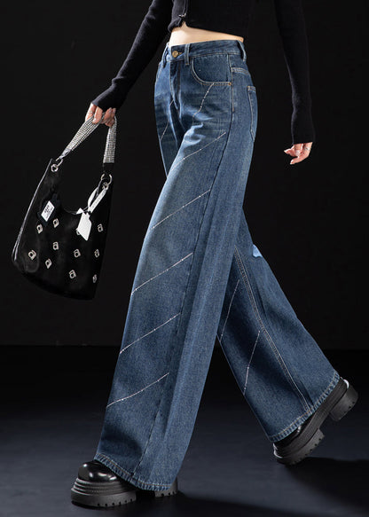 Stylish Blue Pockets Zircon Warm Fleece Denim Pants Spring