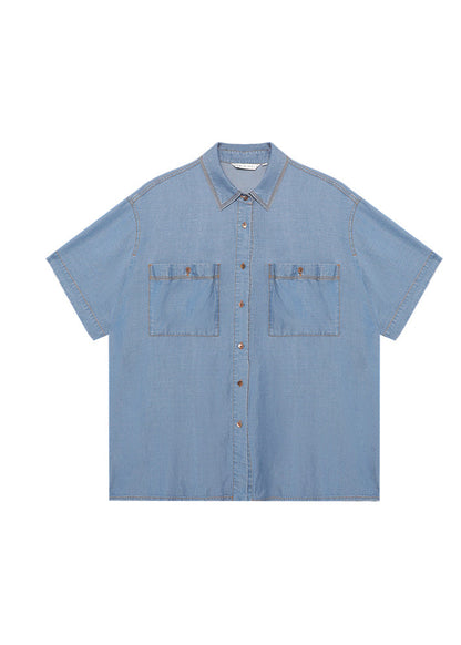 Blue Peter Pan Collar Pockets Button Denim Shirts Summer