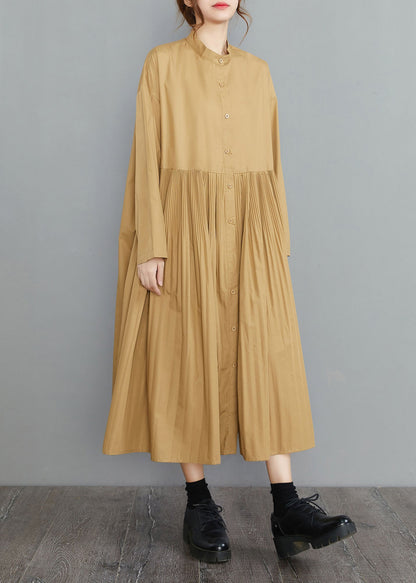 Yellow Button Cotton Dresses Spring