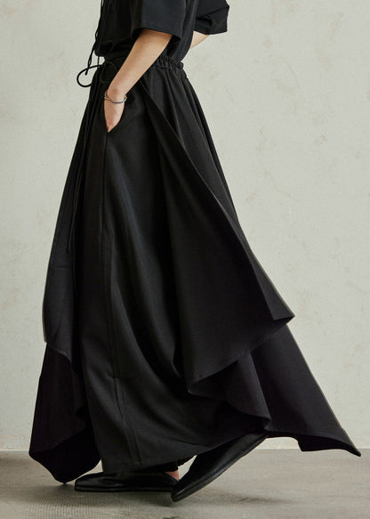 Black Asymmetrical Pockets Patchwork Elastic Waist Pants Skirt