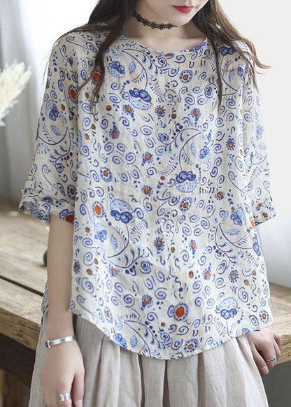 Natural White O-neck Print Patchwork Summer Ramie Shirt Tops
