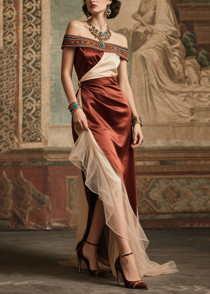 Chocolate Cold Shoulder Patchwork Silk Dinner Dress Summer