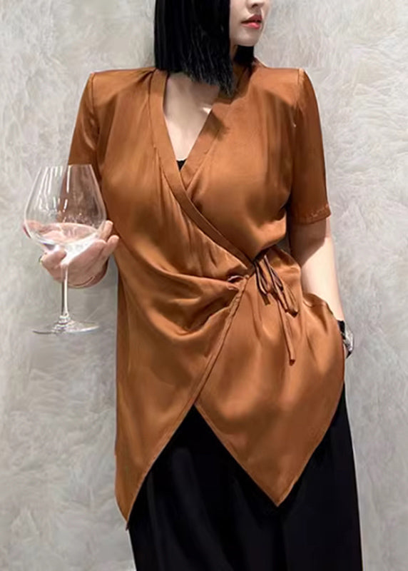Caramel V Neck Tie Waist Shirt Short Sleeve