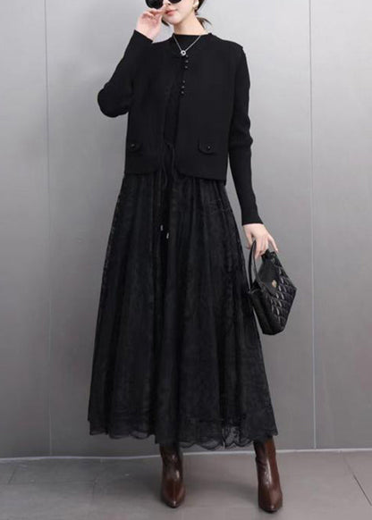 Black Button Waistcoat and a Line Skirts Lace Two Pieces Set Spring