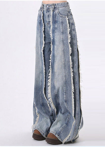 Blue Tasseled Patchwork Denim Straight Pants Spring