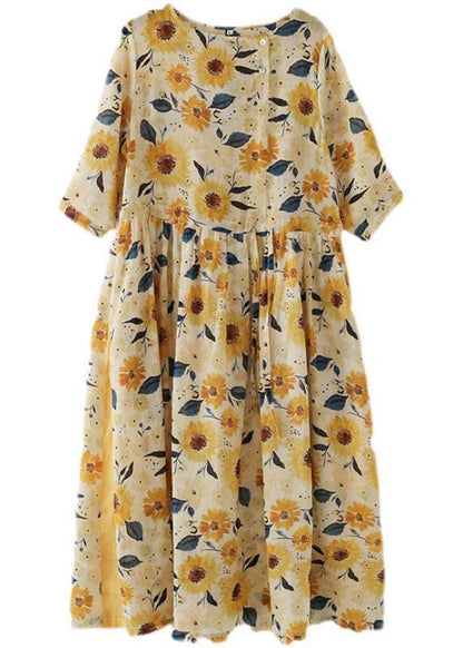 Italian Yellow Print Ramie Tie Waist Ankle Dress Fall