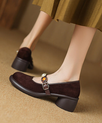 Comfortable Splicing Chunky Heel Black Suede Buckle Strap