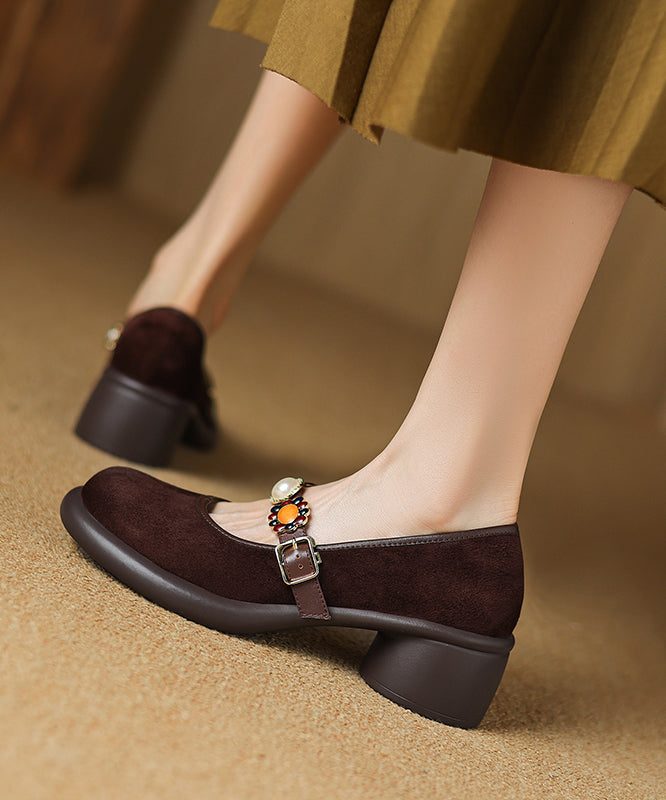 Comfortable Splicing Chunky Heel Black Suede Buckle Strap