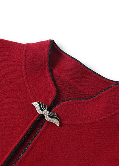 Red Mandarin Collar Print Woolen Coats Bracelet Sleeve