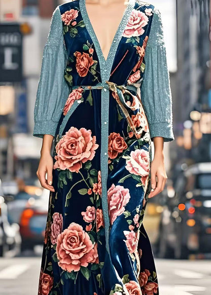 Art Peacock Blue Patchwork Silk Velour Long Dresses Spring