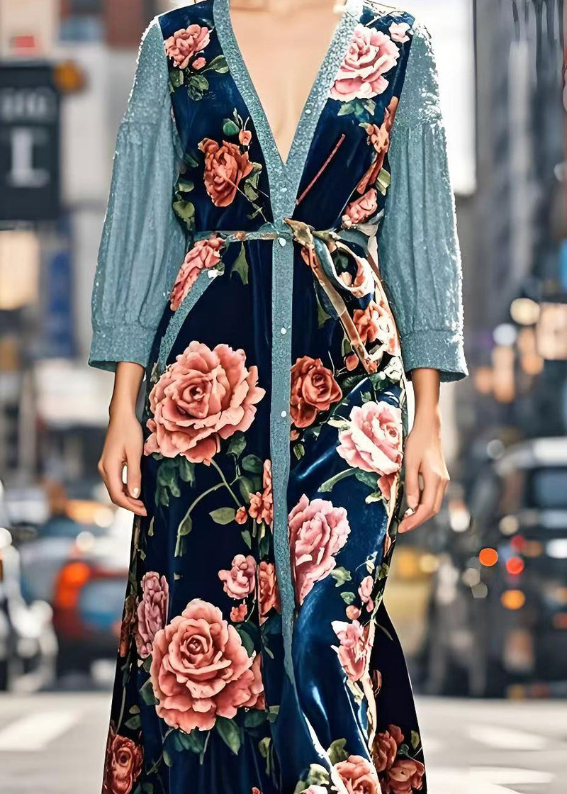 Art Peacock Blue Patchwork Silk Velour Long Dresses Spring