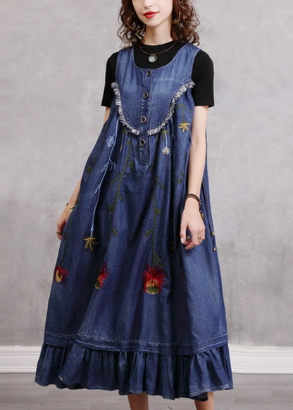 Blue O-neck Ruffled Embroideried Patchwork Cotton Denim Dress Sleeveless