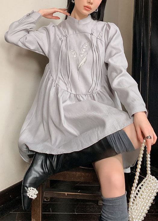 Grey Stand Collar Tasseled Embroideried Patchwork Silk Dress Spring