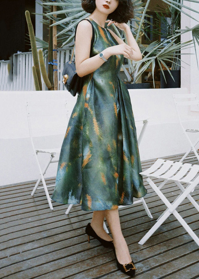 French Green Print High Waist Silk Long Dress Sleeveless Summer