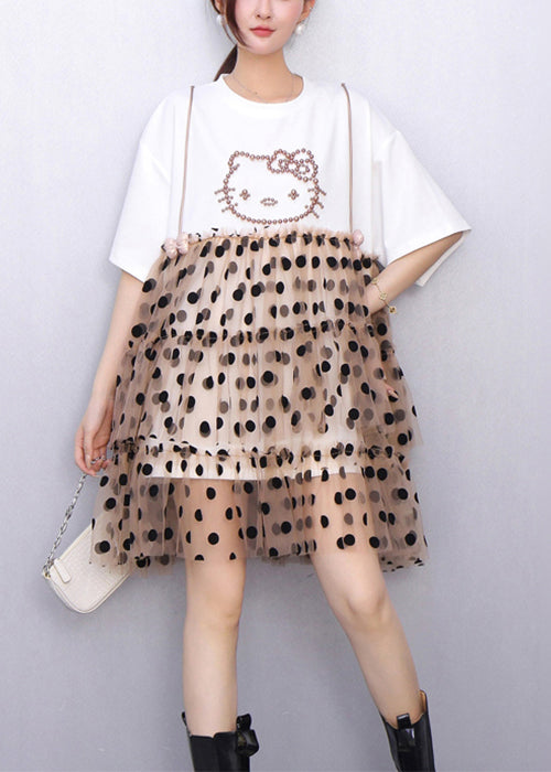 White Ruffled Dot Patchwork Cotton Mid Dress Summer