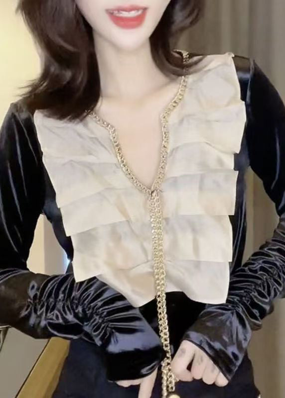 Black Chain Linked Patchwork Velour Shirts Spring