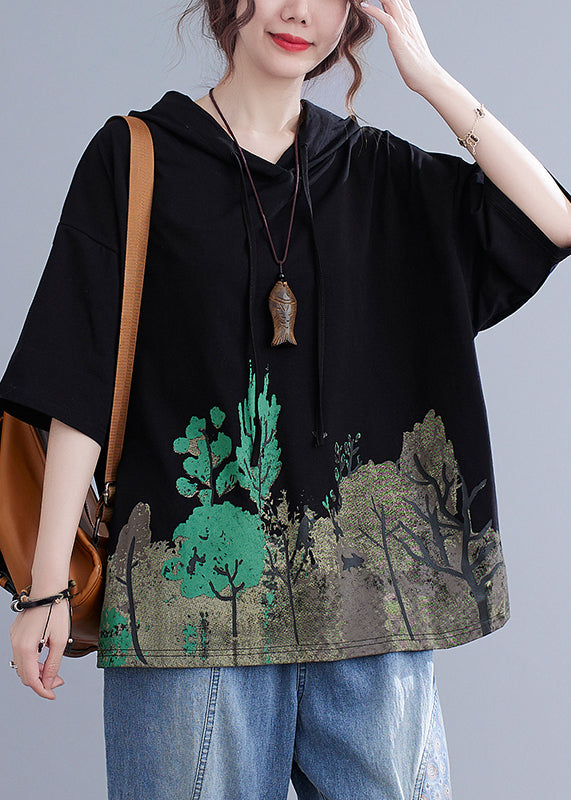 Black Hooded Print Cotton Sweatshirt Summer