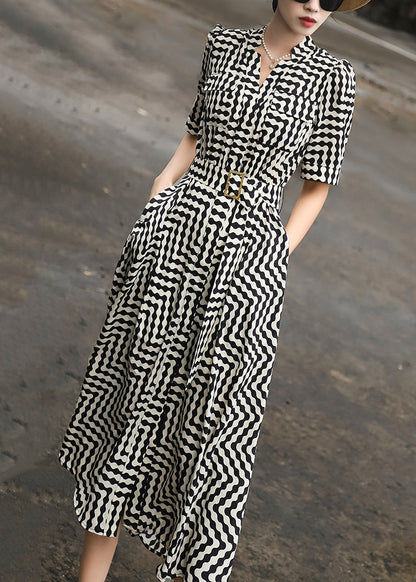 Black Striped Tie Waist Chiffon Dresses Summer