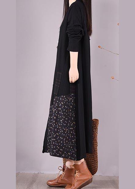 Black Patchwork Print Tunic O Neck Pockets Maxi Spring Dresses