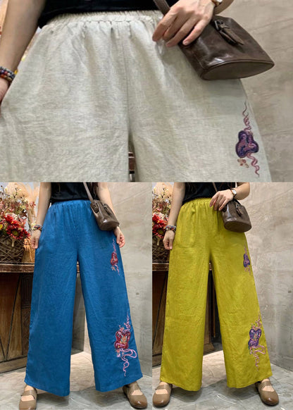 Blue Loose Linen Wide Leg Pants Elastic Waist Summer