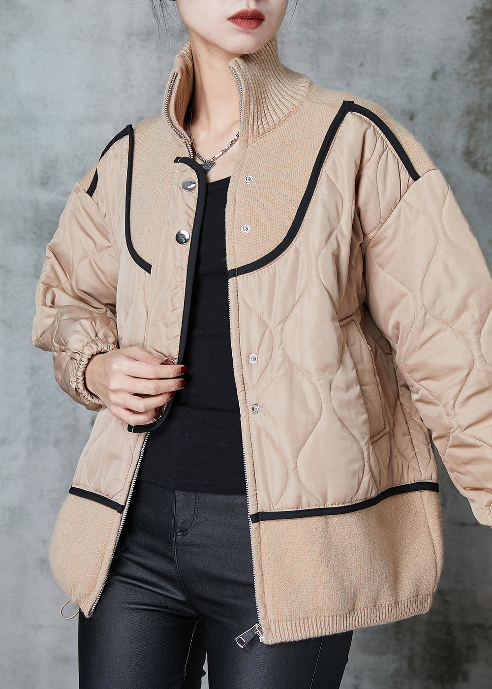 Khaki Stand Collar Patchwork Knit Fine Cotton Filled Coats Spring