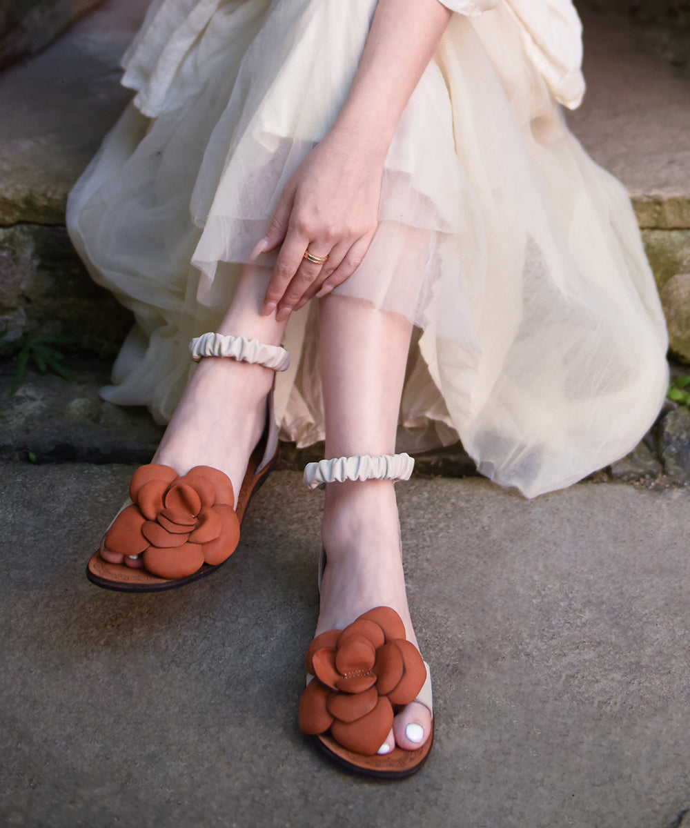 Orange Cowhide Leather Flat Sandals Splicing