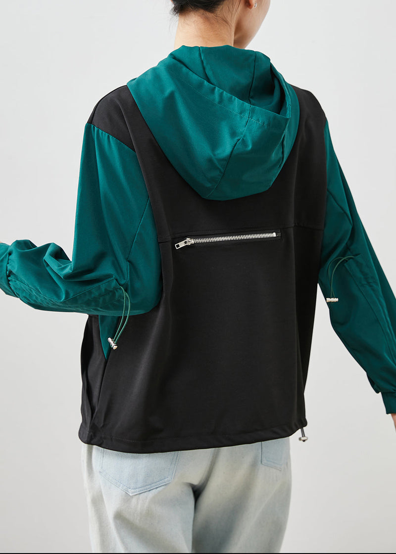 Black Zip Up Patchwork Drawstring Cotton Sweatshirts Top Fall