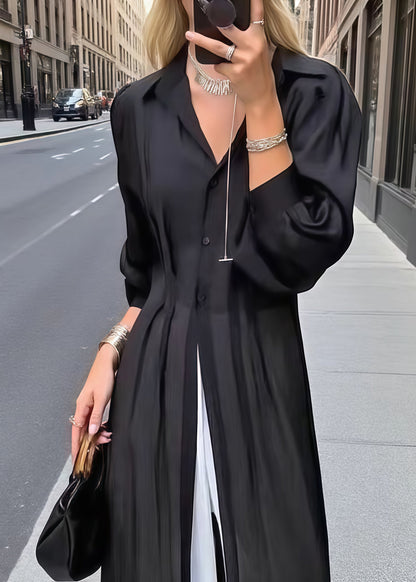 Black Oversized Wrinkled Chiffon Shirt Dresses Summer