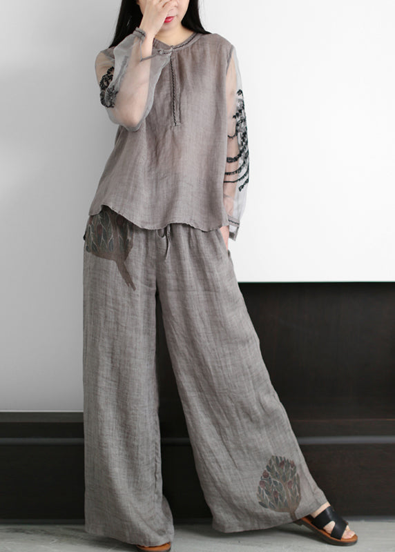 Boutique Grey O-neck Embroideried Tulle Patchwork Linen Two Piece Set Clothing Summer
