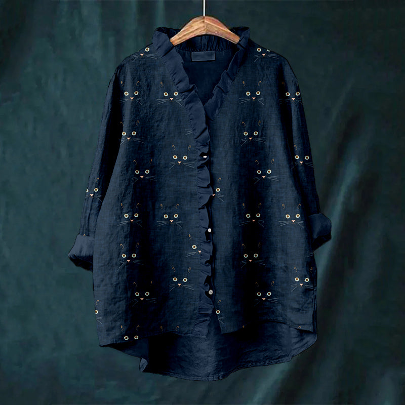 Cute Cat Face Pattern Cozy Linen Ruffle Shirt elevenforest