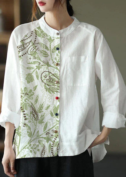 Modern Pink Flower Loose Patchwork Pockets Fall Long Sleeve Blouse Top