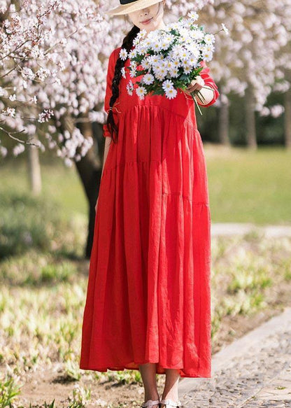 Italian Red Half Sleeve O-neck Summer Linen Dress