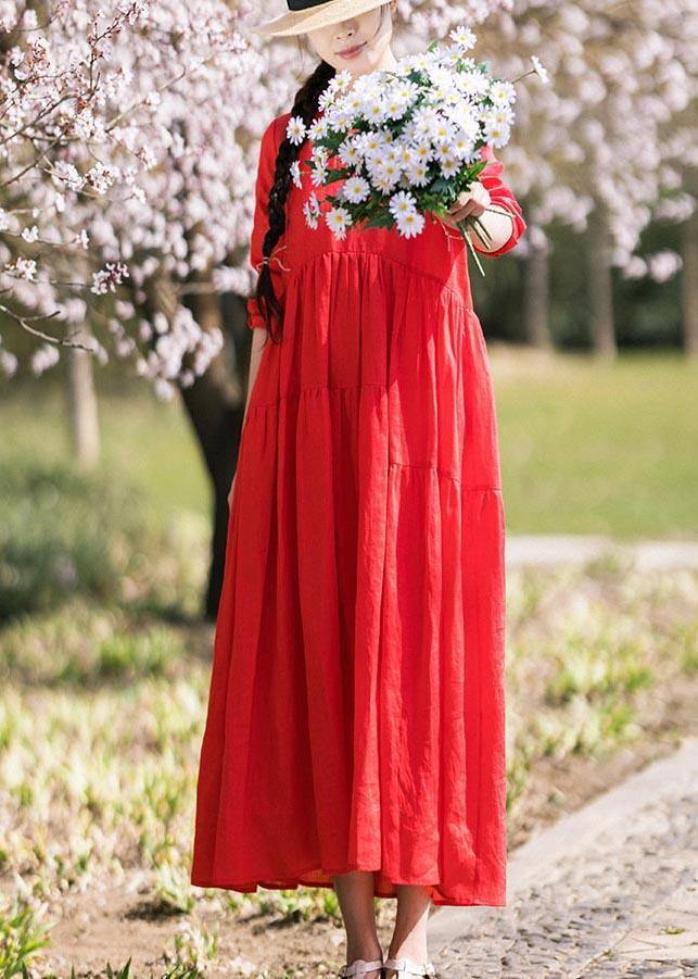 Italian Red Half Sleeve O-neck Summer Linen Dress