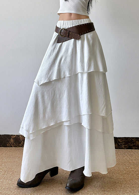 White Layered Elastic Waist Cotton Skirts Summer