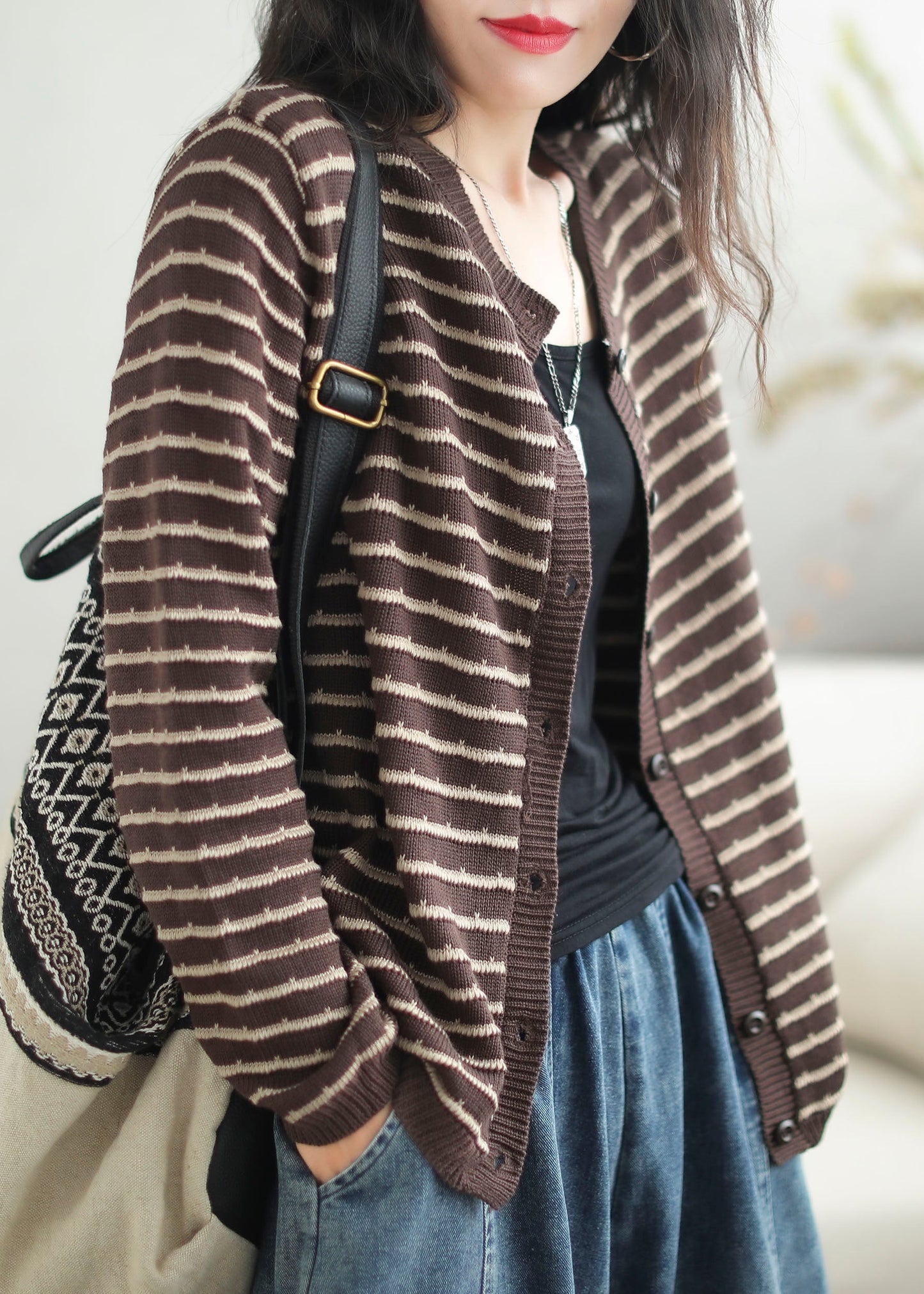 Black O-neck Striped Patchwork Button Cozy Cotton Knit Sweaters Coats Fall
