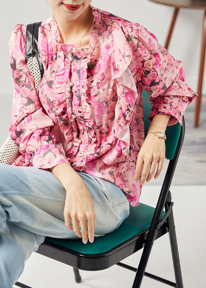 Red Print Patchwork Ruffled Silk Shirt Tops Spring