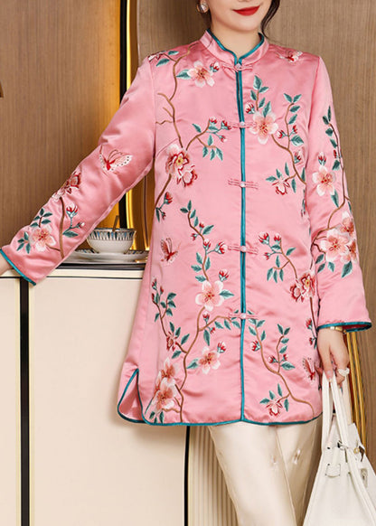 Pink Stand Collar Embroideried Side Open Button Silk Long Coats Fall