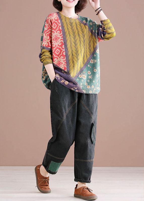 Color Block O-neck Print Cotton Sweater