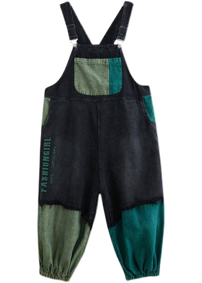 Black Asymmetrical Pocket Cotton Denim Jumpsuit Spring