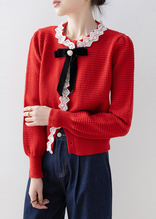 Red Bow Nail Bead Knit Cardigan Winter