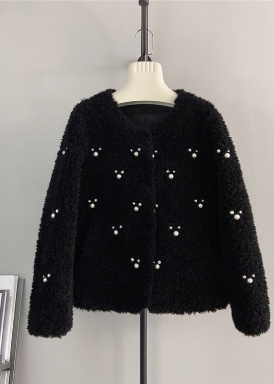 Coffee O Neck Nail Bead Wool Short Coat Winter
