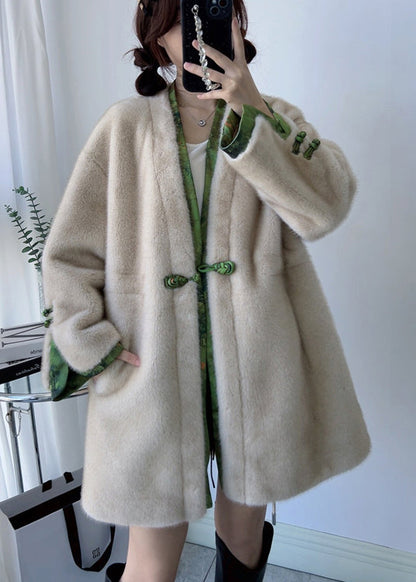 Chinese Style Apricot V Neck Button Drawstring Mink Cashmere Coats Winter