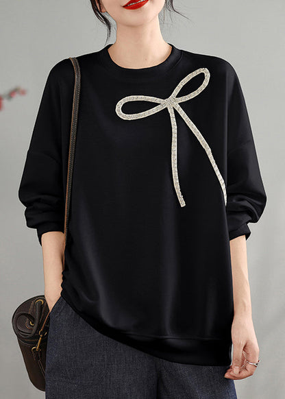 Black O Neck Bow Cotton Pullover Top Spring